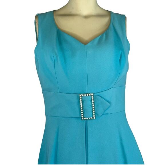 American Vintage 50's Blue Sleeveless Pleated Belted Gemstone Dress small - Picture 3 of 15